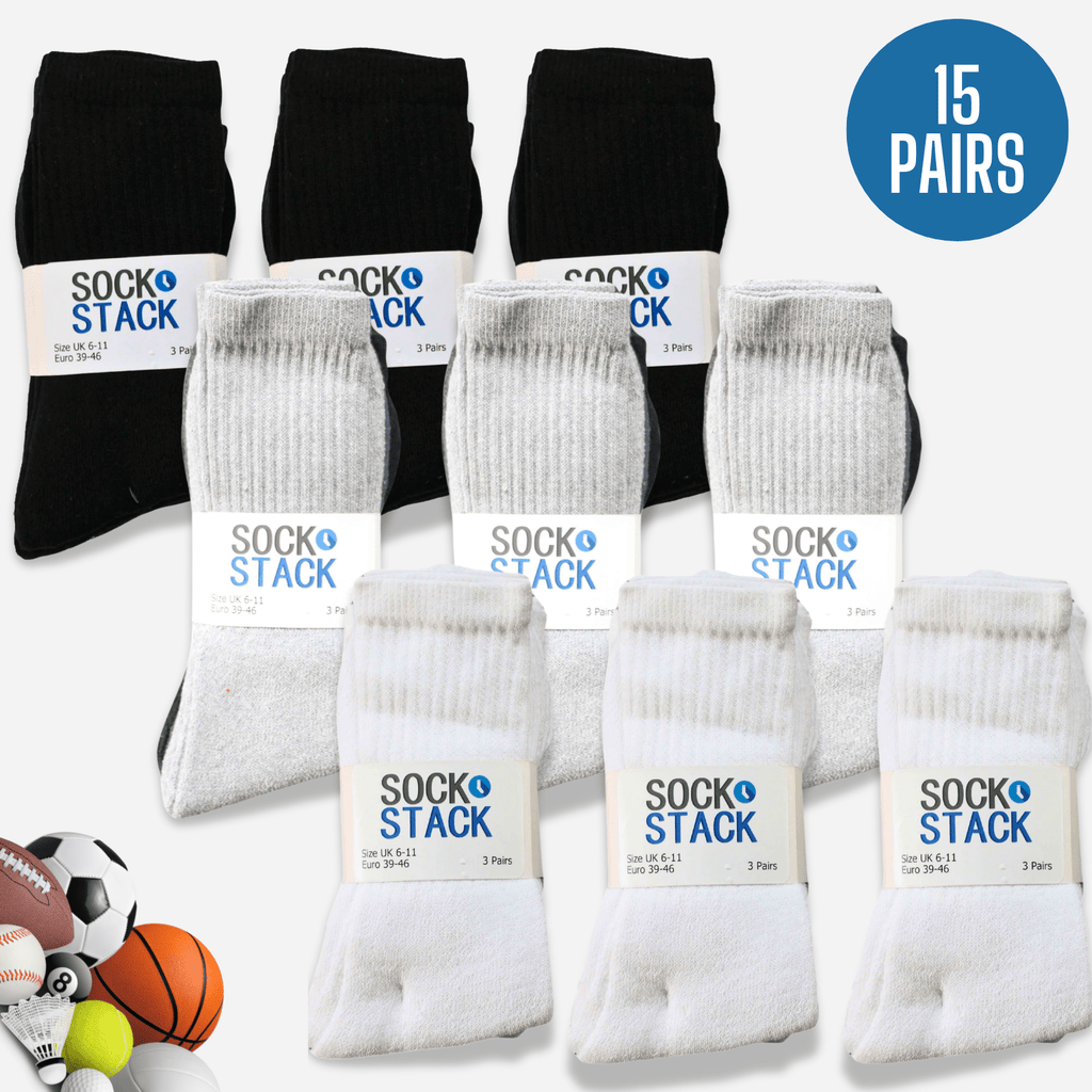Sock Stack Mens Cotton Rich Performance Sport Socks 15 Pairs UK 6-11 Black Grey White Comfort Cuff Everyday Wear