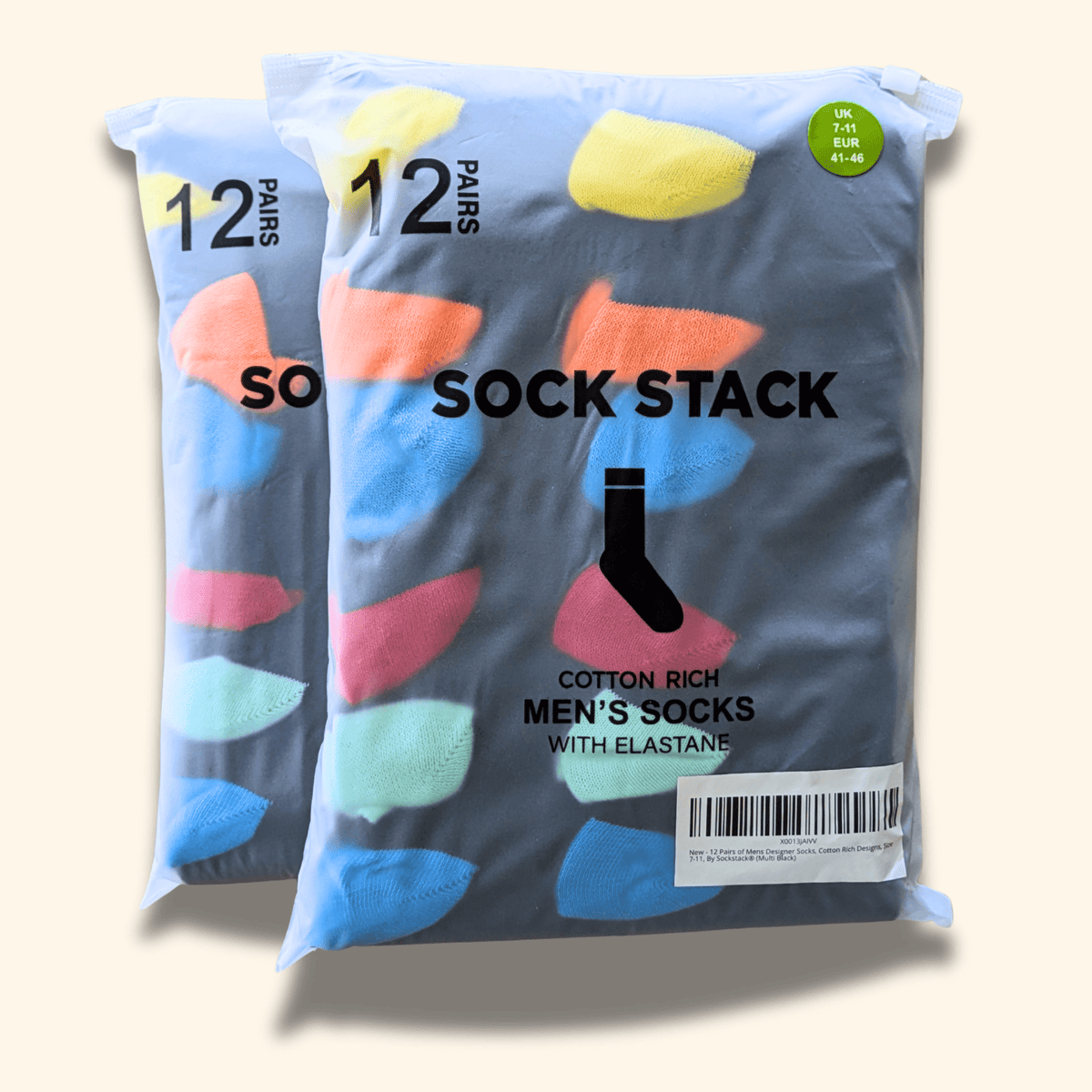 Sock Stack 24 Pairs Men's Cotton Colourful Heel Toe Black Argyle Diamond Easycare