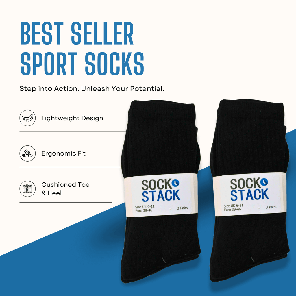 Sock Stack Mens Cotton Rich Performance Sport Socks 15 Pairs UK 6-11 Black Grey White Comfort Cuff Everyday Wear