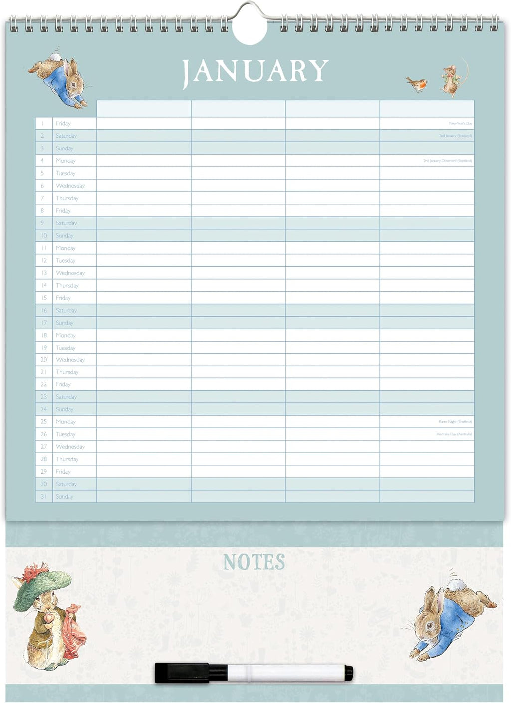 Peter Rabbit 2027 Family Organiser Wall Calendar | Large 4-Column Monthly Planner with Wipe-Clean Notes Section, Pen & Hanging Loop | Beatrix Potter Design