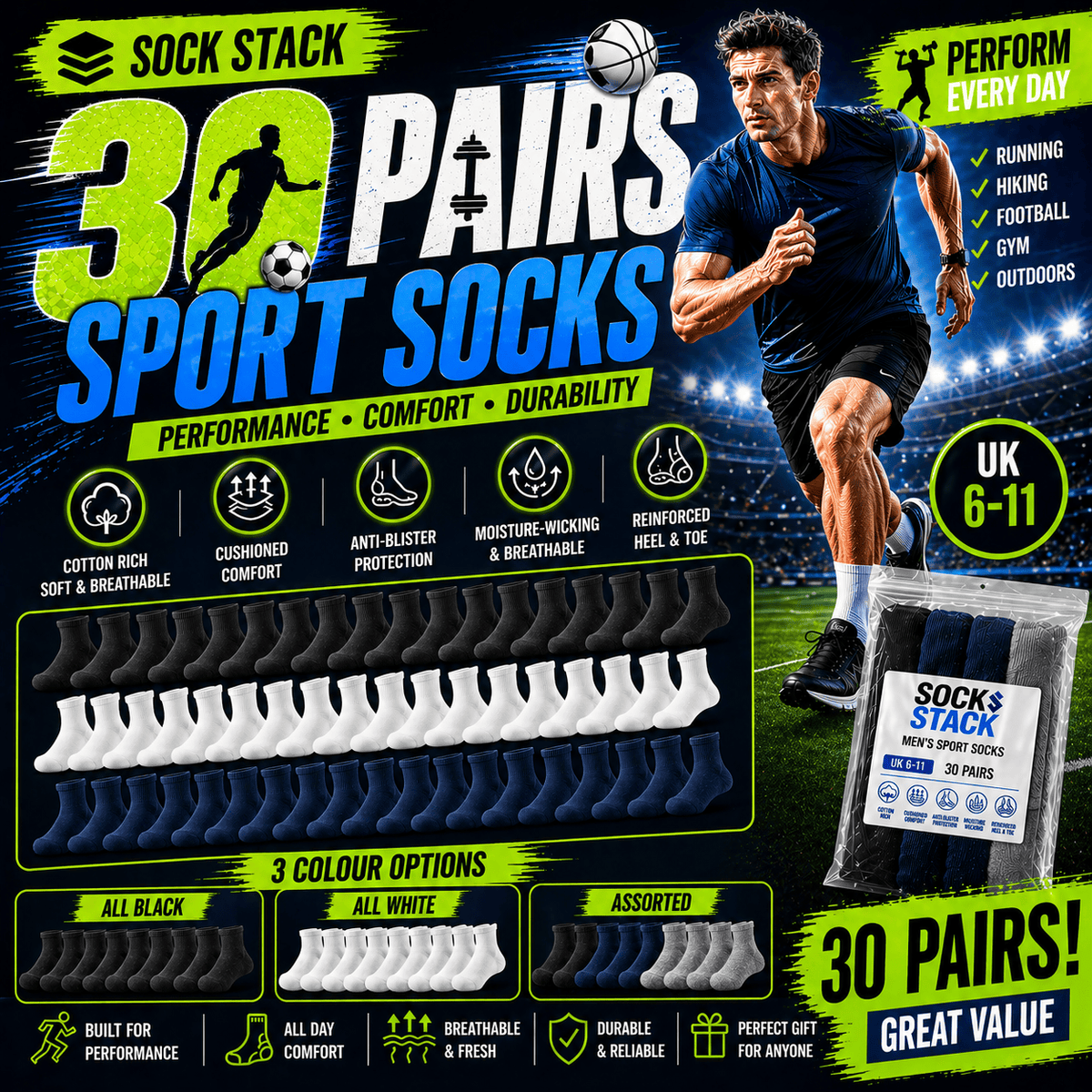 Sock Stack 30 Pairs Mens Cotton Rich Performance Sport Socks UK 6-11 Black Grey White Reinforced Heel Toe Multipack Value