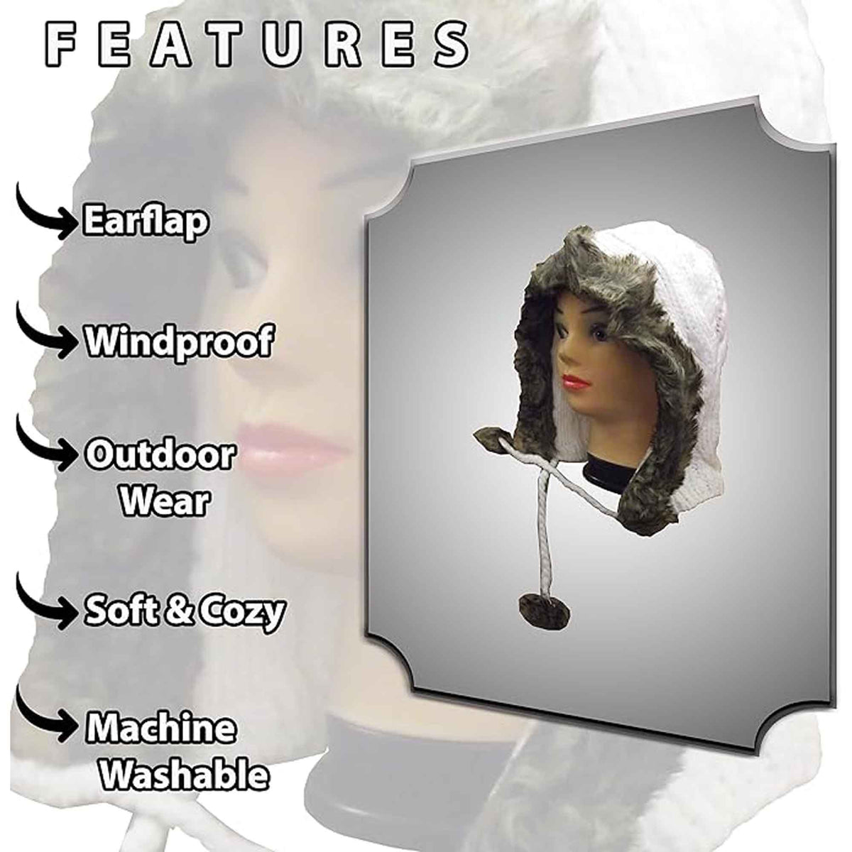 Sock Stack Women's Winter Chunky Knit Hood Hat With Faux Fur Trim And Pom Poms Comfort Cuff Everyday Wear
